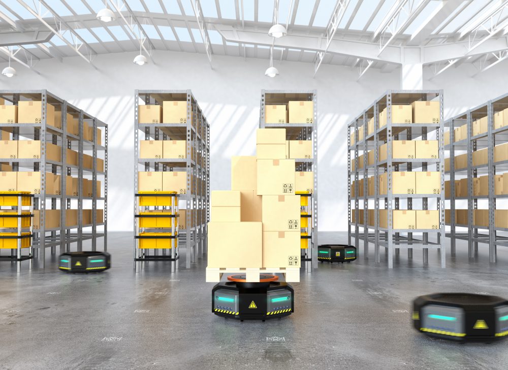 Black robot carriers carrying goods in modern warehouse