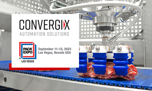 CONVERGIX and Pack Expo 2023 Logos with JMP Food Handling End of Arm Tool